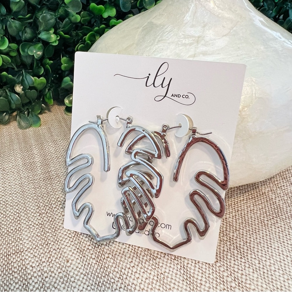 New Silver Tone Palm Leaf Monstera Open Hoop Earrings | Tropical Boho